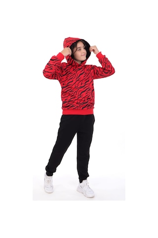 Toontoy Kids Toontoy Erkek Çocuk 2'li Takım Baskılı Kapüşonlu Reglan Kol Sweatshirt & Beli Paçası Lastikli Cepli Jogger Eşofman Altı - 2 İplik Kırmızı