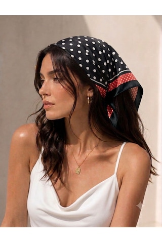 Trend Dokunuş Kadın 50-50 Saten Siyah-kırmızı Puantiyeli Fular Bandana Siyah - Kırmızı