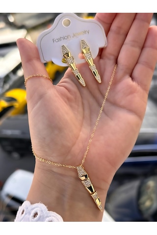 Sarı Çelik Kadın Küpe Ve Kolye Set Frjw10010a-b 2 Yıl Garantili Hediye Paketli