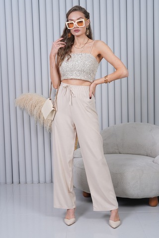 Polologin Butik Beli Bağcıklı Yüksek Bel Bol Paça Taş Renkli Pantolon Krem