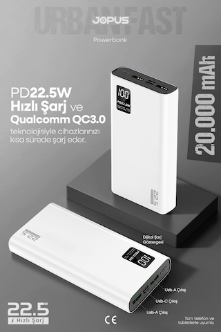 Jopus 20000mah Powerbank Pd 22.5w Hızlı Şarj - Dijital Ekranlı - Taşınabilir Şarj Cihazı Beyaz Jopus 20000mah Powerbank Pd 22.5w Hızlı Şarj - Dijital Ekranlı - Taşınabilir Şarj Cihazı Beyaz