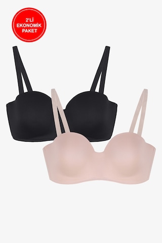 2'li Paket - Kadın Dolgusuz Mikro Straplez Sütyen Siyah - Ten