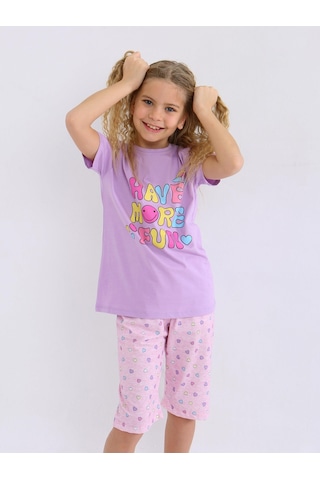 Kız Çocuk Kısa Kollu Kapri %100 Pamuklu Pijama Takımı More Fun Lila