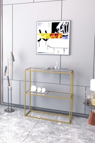 Berra Camlı Metal Dresuar Dekoratif Raflı Kahve Köşesi Konsol Gold