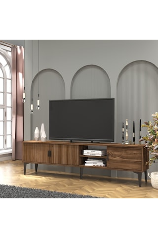 Marin Tv Ünitesi Tv Sehpası 180 Cm Çizgi Desenli , Raflı , Ceviz