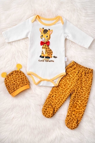 Zürafa Desenli Erkek Bebek 3 Lü Takım Uzun Kollu Çıtçıtlı Body, Patikli Pantolon Ve Şapka Set Beyaz