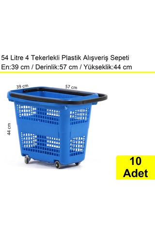 4 Tekerlek Plastik Alışveriş El Sepeti 54 Litre Mavi 10 Adet / En:42 Boy:54 Yükseklik:44 Cm