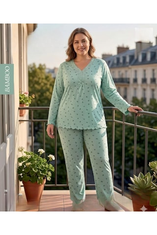 Derya Kadın Büyük Beden Dantel Yaka Bambu Uzun Kol İnce Pijama Takımı 8141y - 1 Adet Yeşil