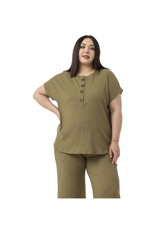 Büyük Beden Düşük Kollu Bluz Pantolon Haki İkili Takım Haki