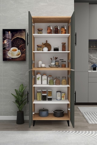 Meta 6 Raflı 4 Kapaklı Çok Amaçlı Xl Dolap Mutfak Banyo Balkon Erzak Killer Dolabı Çam-antrasit