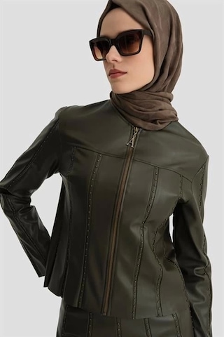 Armine Trok Biyeli Deri Ceket 24k5716 Haki Haki