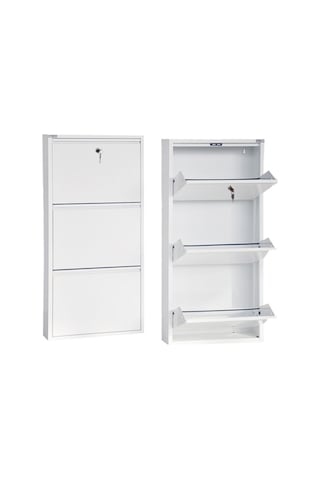 Kilitli 3'lü Metal Ayakkabılık - Beyaz