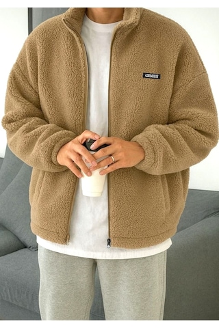 Genius Store Oversize Peluş Tam Fermuarlı Sweatshirt Peluş İçi Polarlı Sherpa Kumaş Sweatshirt Bej