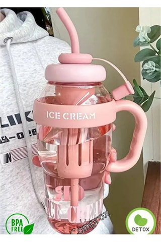 Bıgmug Ice Cream Tritan Pipetli Suluk Detoks Matara 1300 Ml Pembe