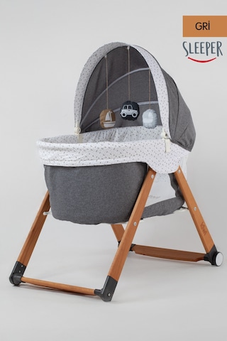 Kiwi Sleeper Anne Yanı Beşik, Portatif, Sallanır, Katlanır, Tekerlekli Bebek Beşiği - Luna Desen Gri