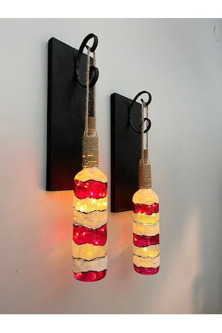 Ahşap Kırmızı Renkli Vitray Cam Şarap Şişesi Duvar Aplik 2'li Kırmızı