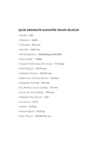 Radiva - Tip 21h Dekoratif Radyatör 514x600 Beyaz - 221h05140600b1ps-