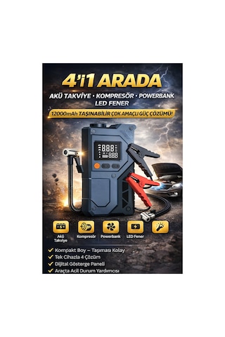 Castu Cs70 Plus 12000mah Akü Takviye Cihazı 4ü 1 Arada Jump Starter Kompresör Powerbank 150 Psı