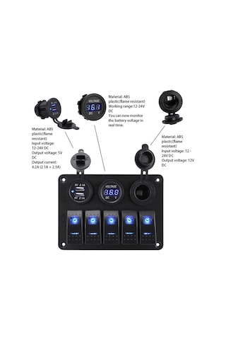 Xuweiwei 12-24v 5 Gruplu Yeşil Deniz Rocker Anahtar Paneli Çift Usb 42a Led Voltaj Ölçer Araç Fişi Araba Karavan Tekne Atv Utv Kamyon