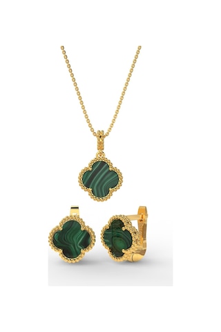 Erdobia 925 Ayar Yeşil Kaplangözü Taşlı Gold Yonca Kolye Küpe 2'li Gümüş Set-takım