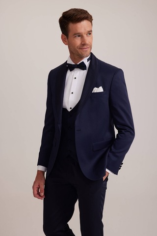 Ysf Erkek Lacivert Slim Fit Şal Yaka Yelekli Damatlık