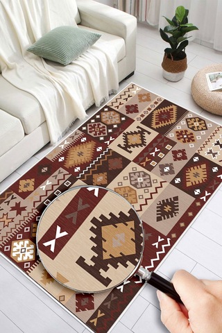 Otantik Anadolu Kaymaz Taban Dijital Baskılı Yıkanabilir Vizon Salon Halısı Kilim Yolluk Kırmızı