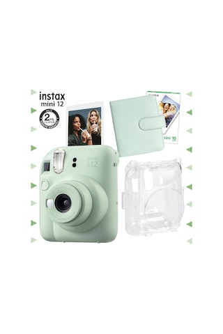 Fujifilm Instax Mini 12 Fotoğraf Makinesi + 10'lu Film + kare Albüm + Şeffaf Kılıf Seti Yeşil