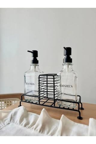 Morponi Metal Standlı 2 Li Cam Sabunluk Seti İkili Sabunluk Set Standlı Sabunluk Siyah Siyah