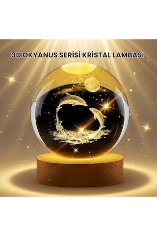Lazer İşlemeli Yunus Kristal Küre Sıcak Işıklı Ahşap Standlı - Bayi Depom