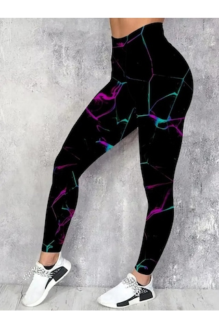 Kadın Yüksek Bel Renk Detaylı Dalgıç Tayt Desenli