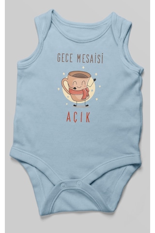 Gece Mesaisi Açık Baskılı Bebek Zıbını Çıtçıtlı Body %100 Pamuk Sıfır Kol Bebe Mavisi
