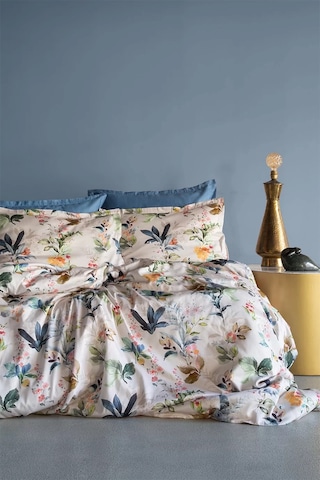 İssimo Home Claude %100 Pamuk Saten Çift Kişilik Nevresim Takımı Krem - Mavi