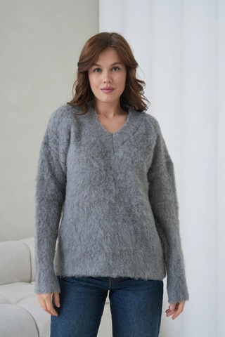 Kadın V Yaka Sakal Dokulu Şardonlu Oversize Triko Kazak 8695 Antrasit