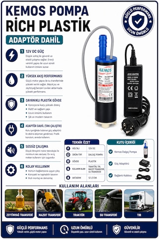 220-12 Volt Rich Plastik Dalgıç Adaptörlü Mazot Aktarma Sıvı Transfer Pompası 220-12 Volt Rich Plastik Dalgıç Adaptörlü Mazot Aktarma Sıvı Transfer Pompası