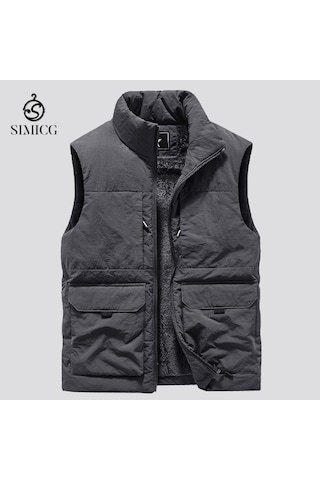 Kalın Polar Retro Çok Cepli Dik Yaka Erkek Yeleği... Gri