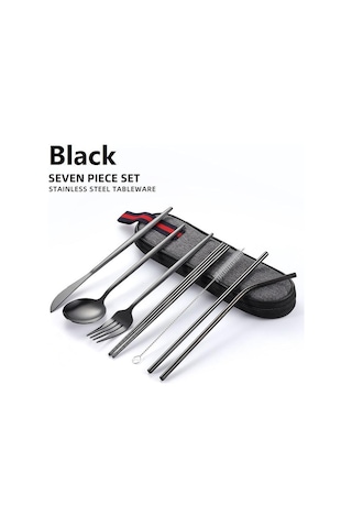 Valkyrie 8 Parça Çantalı Yolculuk Çatal Bıçak Kaşık Pipet Chopstick Seti Kamp Okul Ofis Tatil Paslanmaz Çelik Siyah Siyah