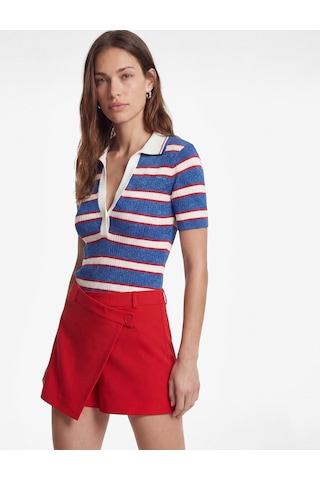 Koton Viskon Karışımlı Rayon Kumaş Polo Yaka Kısa Kollu Çizgili Triko Kazak Mavi Çizgili 6sak90189ht