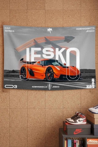 Koenigsegg Jesko Turuncu Süper Spor Araba Dekoratif Duvar Örtüsü Duvar Halısı Beyaz