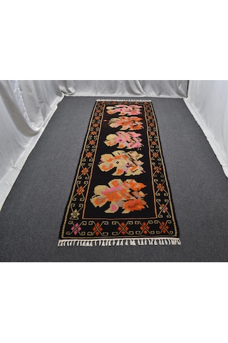 El Dokuma Gösterişli Güllü Çiçekli Kirmen Karabağ Yolluk Yün Kilim 6378