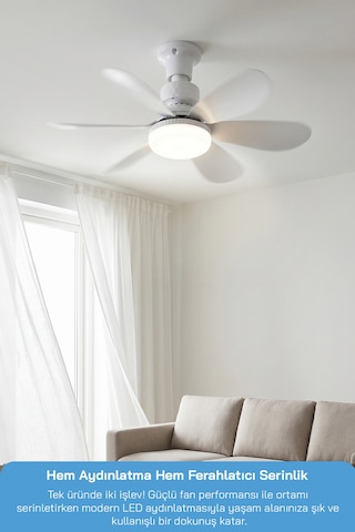Sf-7708 3 Led Aydınlatmalı Sessiz Tavan Vantilatörü Kumandalı 6 Kanatlı