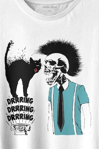 Mohikan İskelet Adam Kara Kedi Nostalji Telefon Zili Baskılı Tişört Unisex T-shirt 001