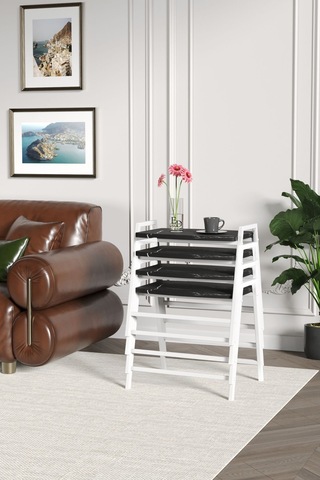 Zigon Sehpa , Aden 4'lü Tepsi Zigon Sehpa Takımı Beyaz Metal - Siyah Mermer Tabla Beyaz-siyah Mermer