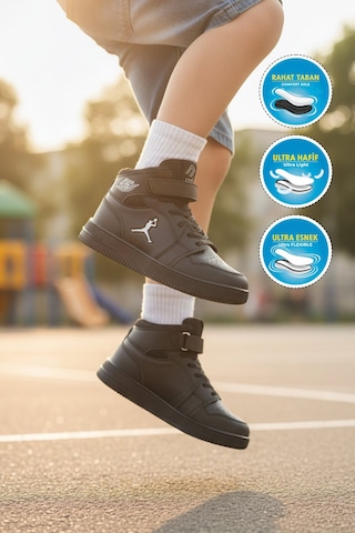 Cool Siyah Cırtlı Basket Tarzı Bilek Boy Sneaker Erkek Çocuk Spor Ayakkabı Haykat Uzun Air