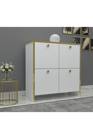 %100 Mdf 2 Kapaklı Küp Altın Sarısı Desenli Gövdeli Ayakkabılık Beyaz