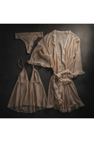 Bonbon Kadın Çeyizlik Ve Bohçalık Tül Transparan Ekru Renk Babydoll, String Ve Sabahlık 3 Lü Paket Bb2686