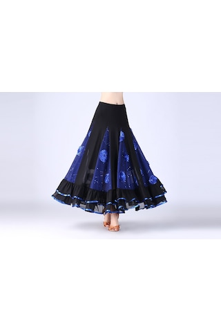 Sones Pullu Çiçek Salıncak Modern Dans Eteği Kraliyet Mavisi Siyah - Mavi