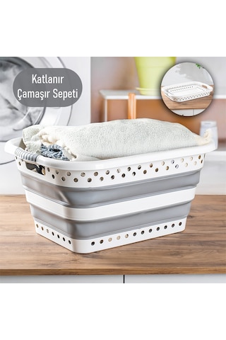 Porsima 565 Katlanabilir Çamaşır Sepeti Akordiyon Katlanır Sepet Mega Boy Katlanır Çamaşır Sepeti 41lt Beyaz
