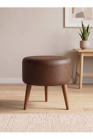 Modern Acı Kahve Deri Puf Tabure Ahşap Ceviz Ayaklı Yuvarlak Puf 40x42 Cm Kahverengi