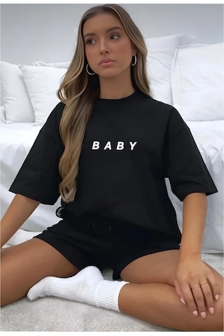 Medinenur Kadın Baby Baskılı Tshirt Şort Takım Siyah