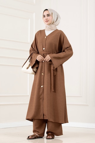 Sevitli Düğmeli Davin Abaya İkili Takım-kahverengi-5876